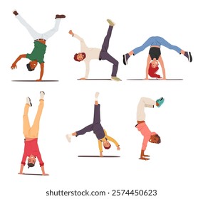 Different diverse young people active cartoon characters standing upside down various position vector illustration. Expressive man and woman feeling cheerful and excited doing handstand isolated set