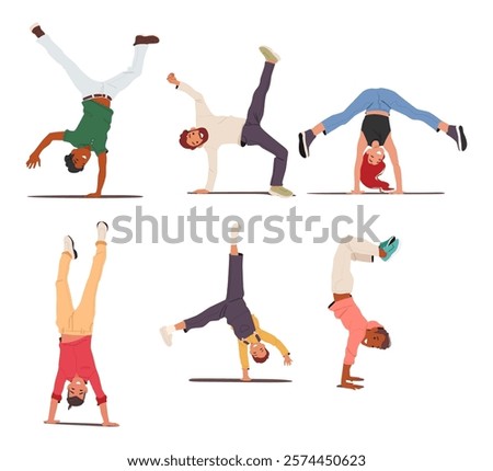 Different diverse young people active cartoon characters standing upside down various position vector illustration. Expressive man and woman feeling cheerful and excited doing handstand isolated set