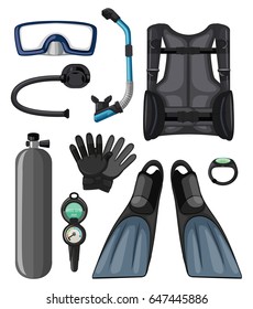 Different diving equipments in black color illustration
