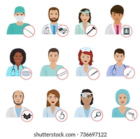 Different doctors avatar face portraits hospital staff characters flat medicine professional physician people vector illustration.