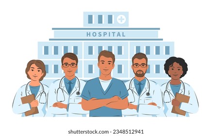 Different doctors on the background of the hospital building. Healthcare services, Ask a doctor.  Female and male doctor with stethoscope. Vector illustration.