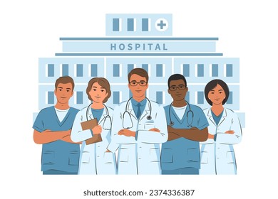 Different doctors on the background of the hospital building. Healthcare services, Ask a doctor.  Female and male doctor with stethoscope. Vector illustration.