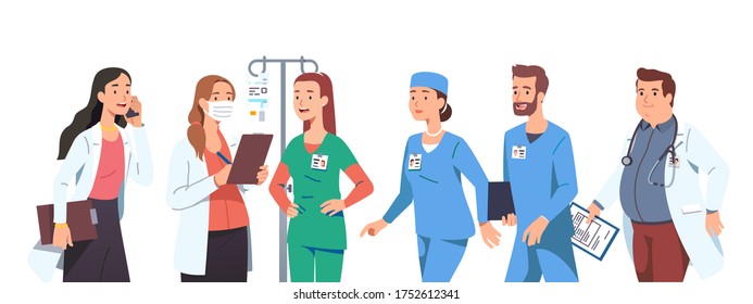 Different doctors staff communicating & working in hospital or clinic. Physicians, general practitioners, nurses people team. Medical workers jobs & health care professions. Flat vector illustration