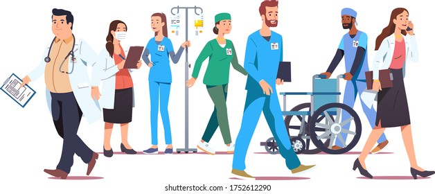 Different doctors staff walking & working in hospital or clinic. Therapists, physicians, general practitioners, nurses people. Medical workers jobs & health care professions. Flat vector illustration