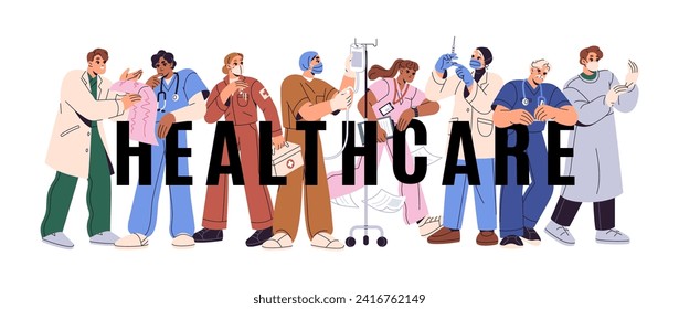 Different doctors work together. Medical team set. Nurse with dropper, medic with aid kit. Health worker concept. Healthcare letters, word. Flat isolated vector illustration on white background