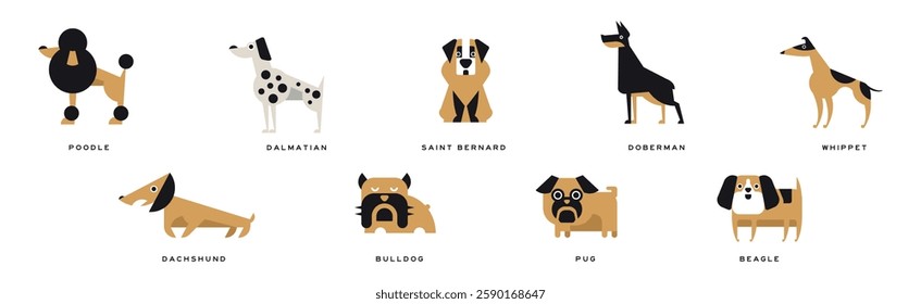 Different Dog Breed Flat Icon and Pictogram with Inscription Vector Set