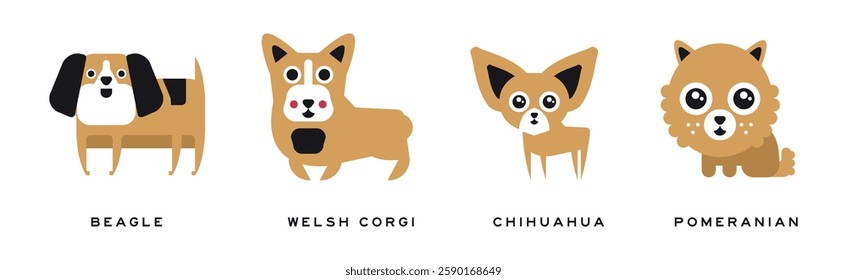 Different Dog Breed Flat Icon and Pictogram with Inscription Vector Set
