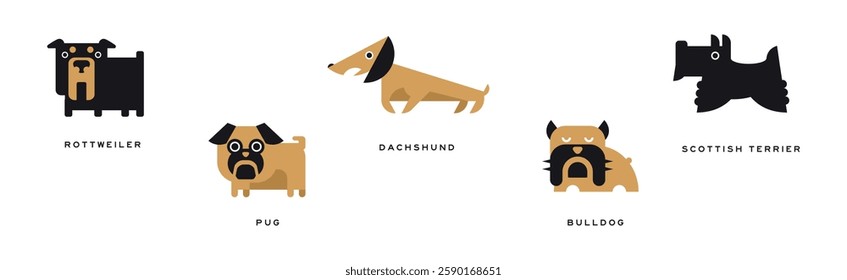 Different Dog Breed Flat Icon and Pictogram with Inscription Vector Set