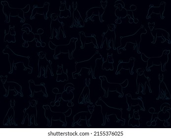 Different dog breeds contour silhouette art drawing vector illustration