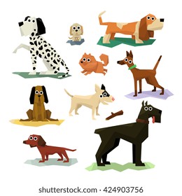 Different Dog Breeds Set Of Bright Color Simplified Geometric Style Flat Vector Illustrations On White Background