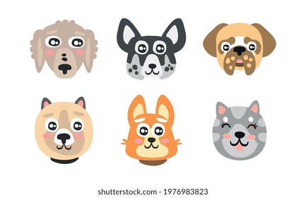 Different Dog Muzzle and Heads with Pointed Ears Vector Set