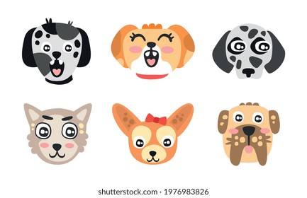Different Dog Muzzle and Heads with Pointed Ears Vector Set