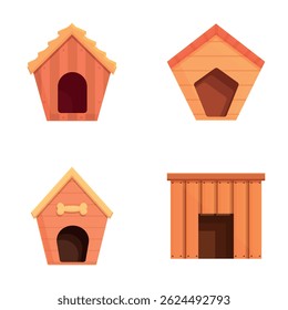 Different doghouse icons set cartoon vector. Small cute empty dog house. Wooden booth