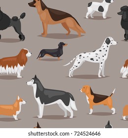 Different dogs breed cute cub puppy whelp characters seamless pattern background