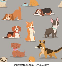 Different Dogs Breed Cute Puppy Characters Seamless Pattern