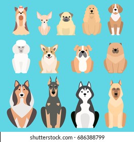 Different dogs breed isolated vector illustration silhouette pet puppy animals icons