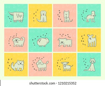 Different dogs breeds. Cards with cartoon pets and seamless pattern bones. Funny caricature animals characters. Vector set bright contour sketch illustration.