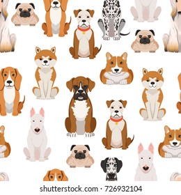 Different dogs in cartoon style. Vector seamless pattern with dog cartoon, illustration of animal pet