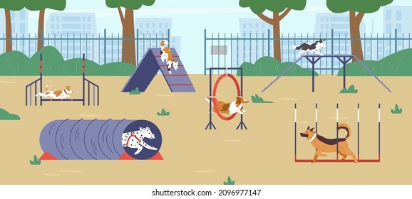 Different dogs on agility field flat vector illustration. Dogs passing different training obstacles. svg