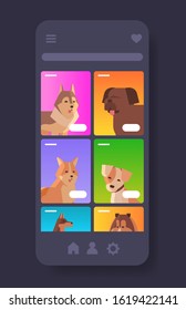 different dogs portraits furry human friends pets website or online shop cartoon animals smartphone screen mobile app copy space vertical vector illustration