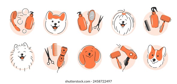 Different dogs and tools for animal hair grooming, haircuts, bathing, hygiene. Dog care. Vector illustration for pet care salon.