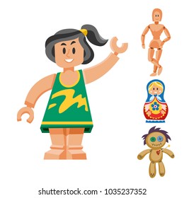 Different dolls toy character game dress and farm scarecrow rag-doll vector illustration
