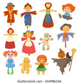 Different dolls toy character game dress and farm scarecrow rag-doll vector illustration