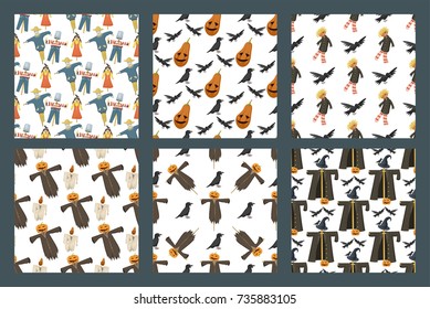 Different dolls toy character game dress seamless pattern background farm scarecrow rag-doll vector illustration