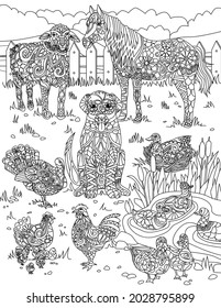 Different Domesticated Animals On Grass Field With Small Pond Covered With Fence Colorless Line Drawing. Farm Creatures Horse Cow Chicken Ducks Coloring Book Page.