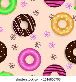Different donuts with candies. Seamless pattern. Vector illustration