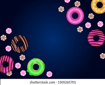 Different donuts with candies. Vector illustration
