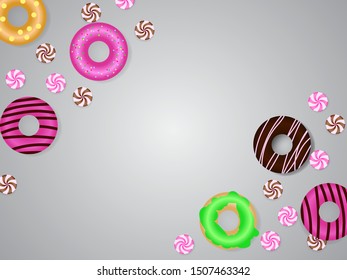 Different donuts with candies. Vector illustration