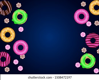 Different donuts with candies. Vector illustration