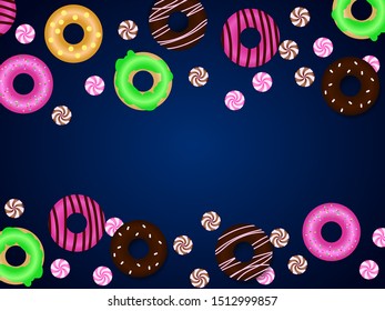 Different donuts with candies. Vector illustration
