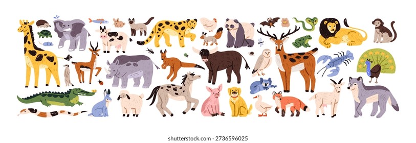 Different doodle animals set. Pets, wild and farm cute characters: deer, cat, giraffe, elephant, lion, dog, monkey and crocodile. Flat hand drawn isolated vector illustrations on white background