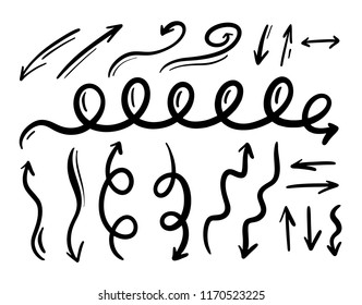 Different doodle arrows set collection. Black color. Hand drawn vector illustration. Isolated on white background.