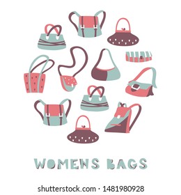 Different Doodle Bags Object Set. Hand Drawn Vector Illustration