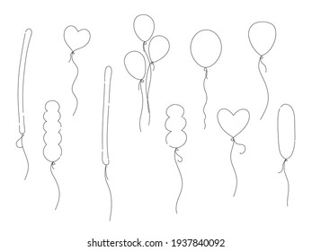 Different doodle balloons on a string. Vector set of different sketches balloons.