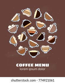 Different doodle coffee drinks in circle shape isolated on brown background.