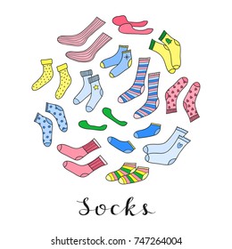 Different doodle colorful socks composed in circle shape with lettering.