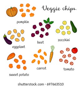 Different doodle colorful veggie chips including pumpkin, eggplant, beet, zucchini, sweet potato, carrot, tomato isolated on white background.