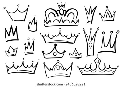 Different doodle crowns. Hand drawn vector set. All elements are isolated. King or queen luxurious prince, princess head accessories, diadems. Royal tiara illustration collection