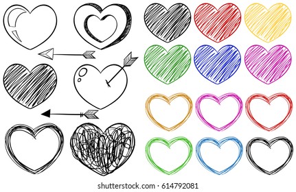 Diferentes diseños de doodles de formas cardíacas