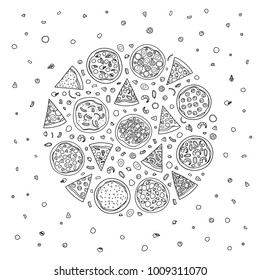 Different doodle outline pizza with ingredients composed in circle shape.