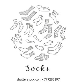 Different doodle outline socks composed in circle shape and lettering 