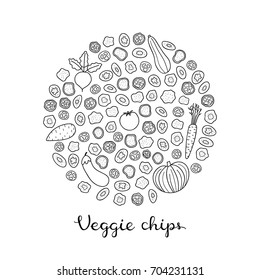 Different doodle outline veggie chips composed in circle shape with lettering.