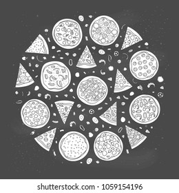 Different doodle pizza composed in circle shape with lettering.