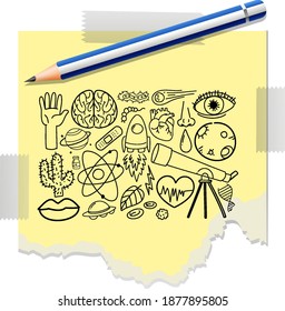 Verschiedene Doodle-Striche über wissenschaftliche Ausrüstung auf einem Papier mit Bleistiftgrafik