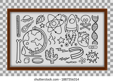 Different doodle strokes about science equipments in wooden frame on transparent background illustration