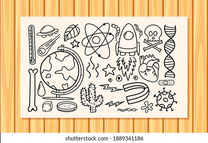 Diferentes trazos de doodles sobre equipos científicos en una ilustración de papel